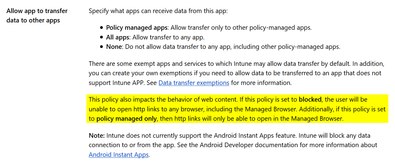 Android app protection policy settings