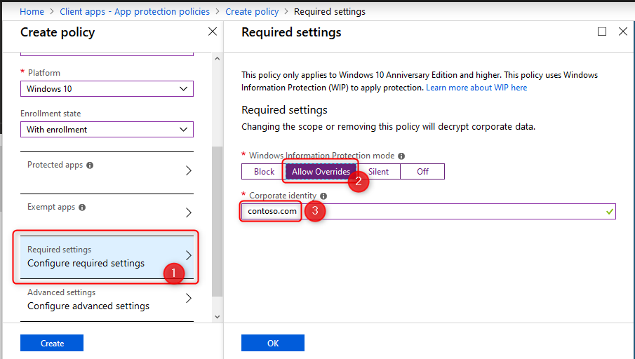 Configure required settings - Windows Information Protection policy