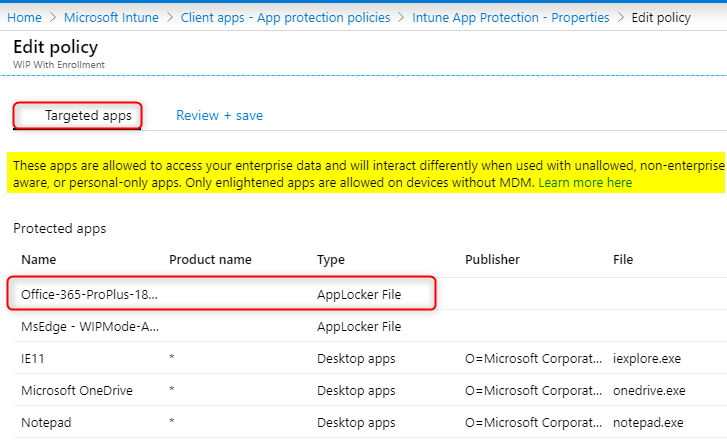 Windows Information Protection Protected Apps