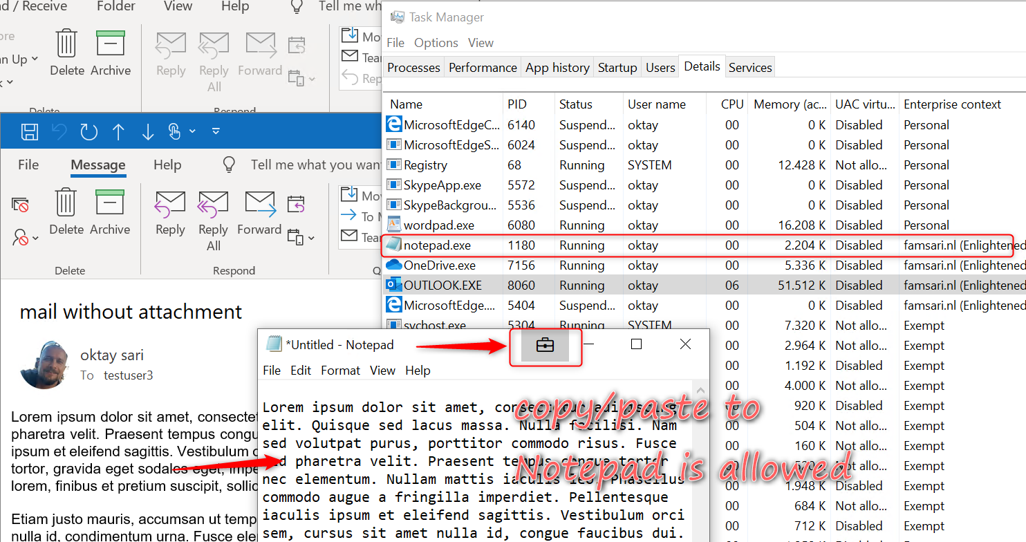 copy/paste corporate data from Outlook to Notepad