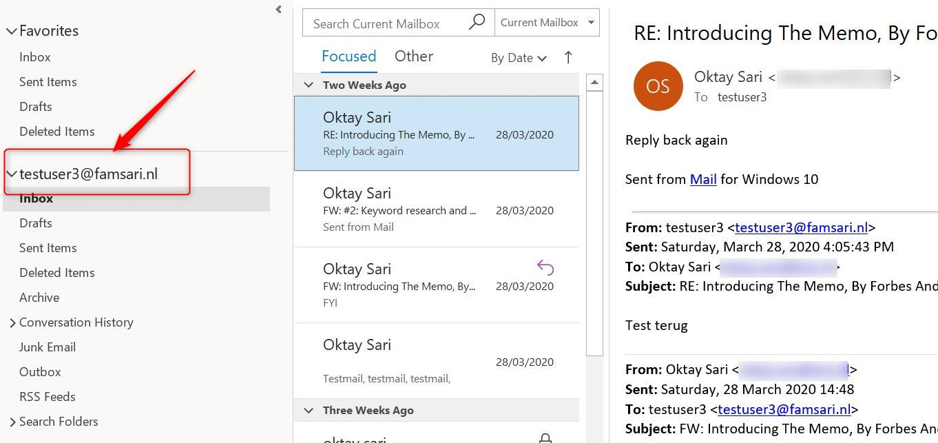 Office 365 Outlook is configured with e-mail
