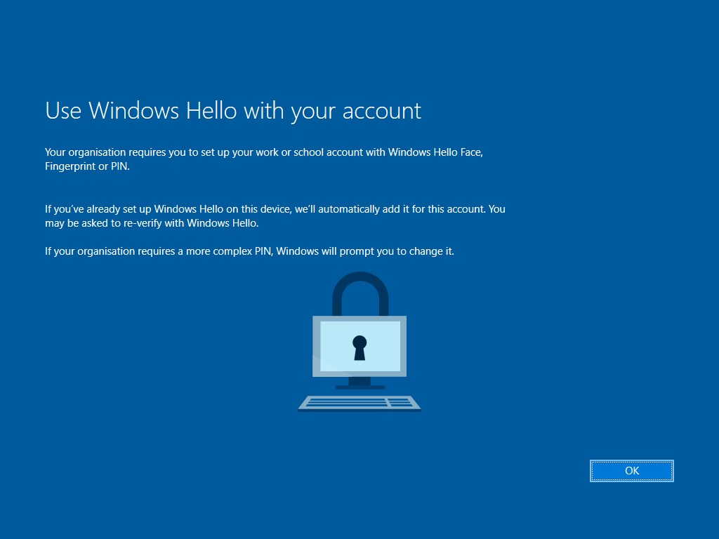 Windows Autopilot enrollment - Windows Hello screen