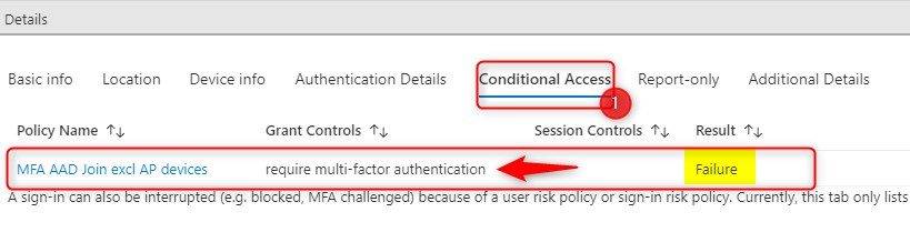 Azure AD sign-in logs - Conditional Access Info