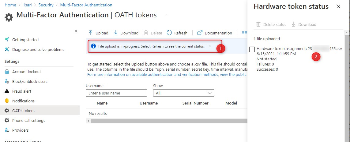 OATH TOTP Hardware token upload to Azure status check