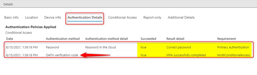 Azure AD sign-in logs - Authentication details