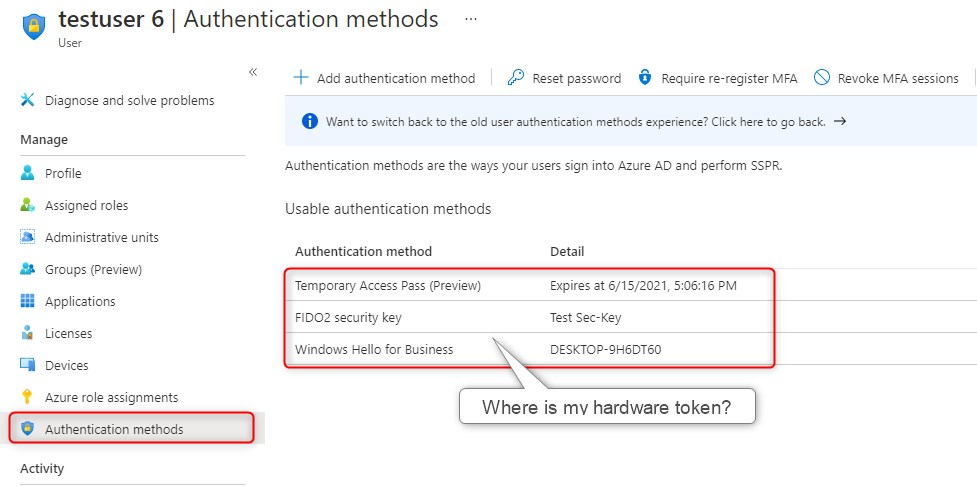 admin view of user authentication methods in azure