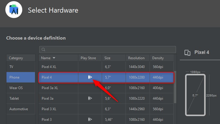 Android Studio - AVD Manager - choose hardware