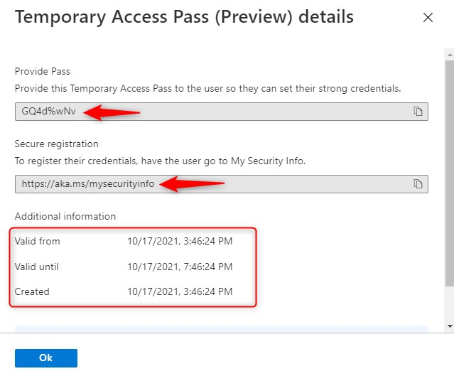 Temporary access pass details