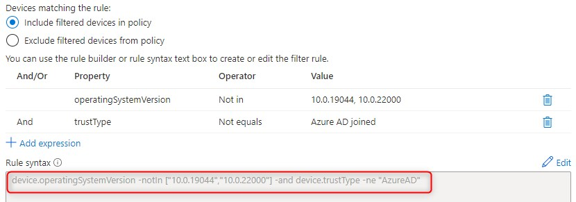 Conditional access filter for devices OperatingSystemVersion