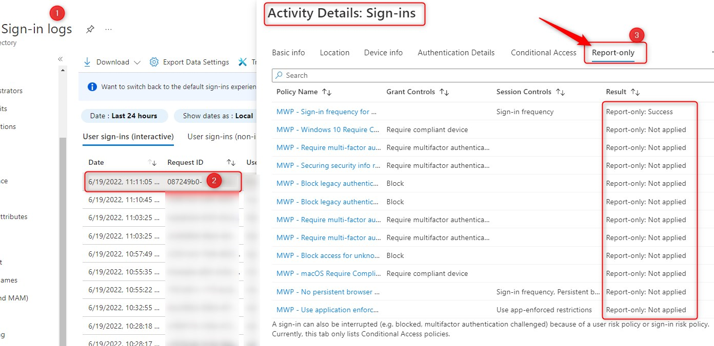 Conditional access policies in Report-only Sign-in Details