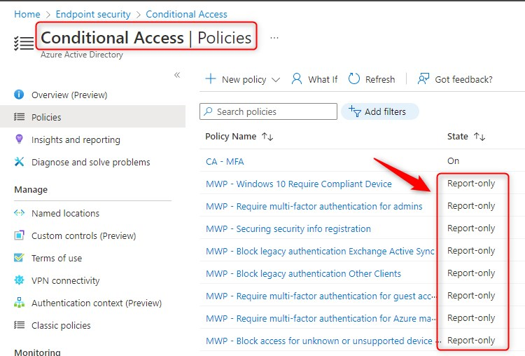 Conditional access policies in Report-only