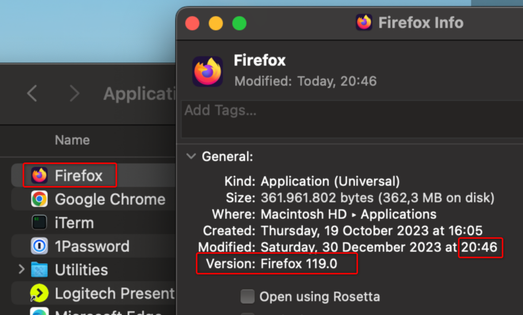 firefox version 119 deployed to mac